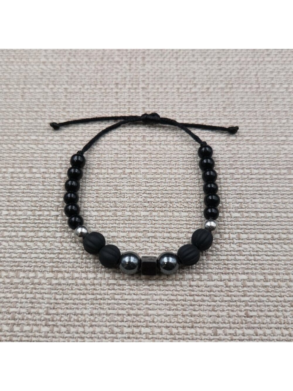 7 Inch Hematite and Matte Onyx Adjustable Cord Beaded Bracelet B1287